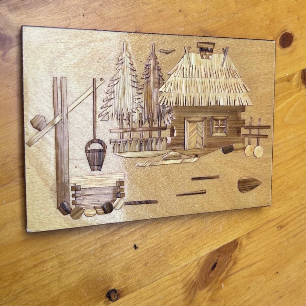 Vintage Straw Marquetry Plaque Folk Art Small Tan Polish Cabin Wood MCM Handmde